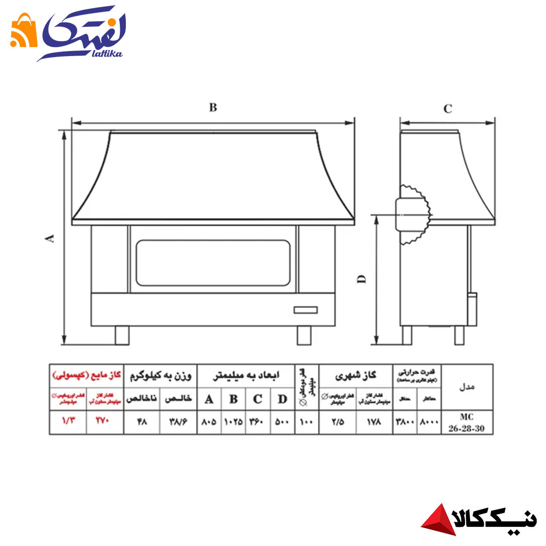 مشخصات خرید بخاری گازی نفیس شومینه ای نیک کالا