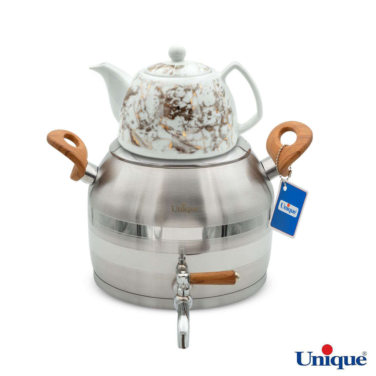 کتری استیل 5 لیتر و قوری چینی یونیک طرح ترک UN-7293 دسته چوبی