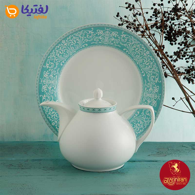 قوری سرویس چینی زرین 108 پارچه شهرزاد طرح ورونا فیروزه ای