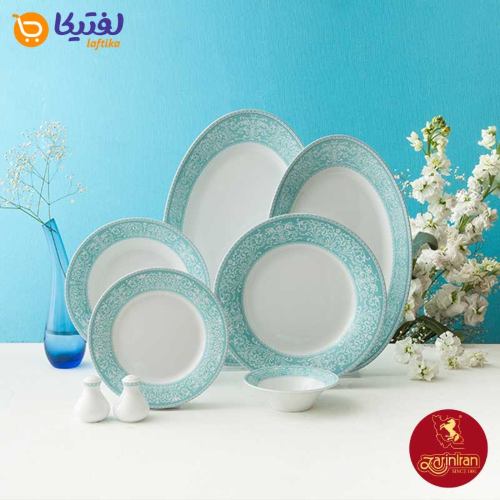 نمای کلی سرویس چینی زرین 35 پارچه شهرزاد طرح ورونا فیروزه ای