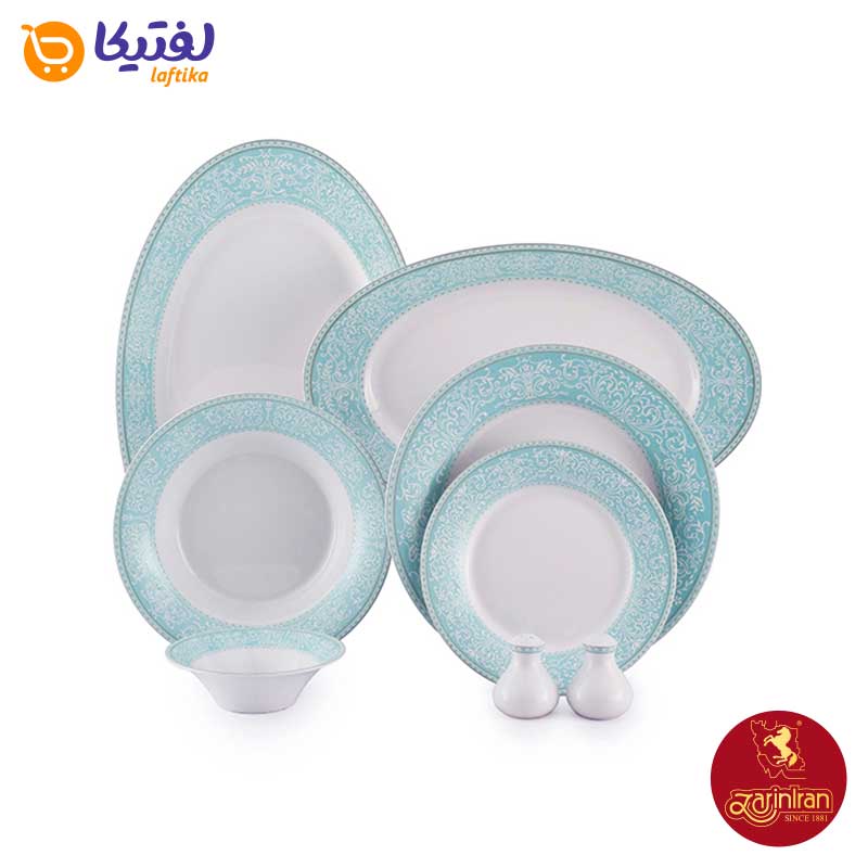 اقلام سرویس چینی زرین 35 پارچه شهرزاد طرح ورونا فیروزه ای