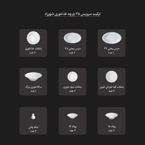 ترکیب سرویس مرکاتو چینی زرین شهرزاد 6 نفره 35 پارچه