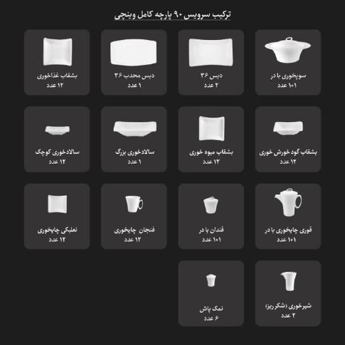 ترکیب سرویس چینی 90 پارچه کامل وینچی چینی زرین