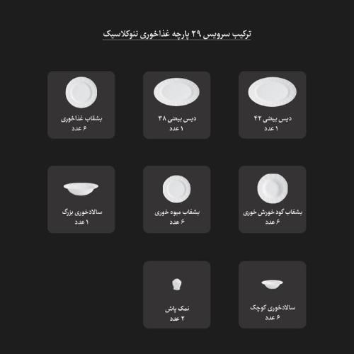 ترکیب سرویس 29 پارچه غذاخوری نئوکلاسیک چینی زرین