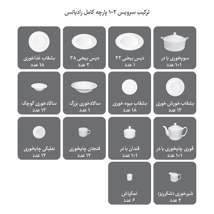 ترکیب سرویس 102 پارچه رادیانس چینی زرین