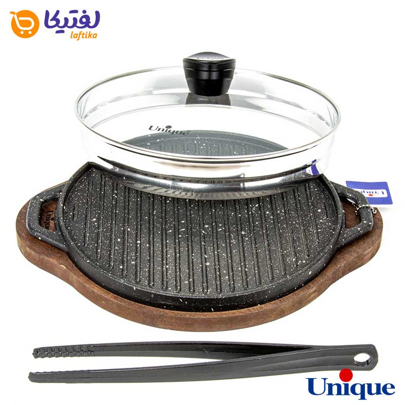 تابه گریل چدنی یونیک درب دار با زیره چوبی UN-6005