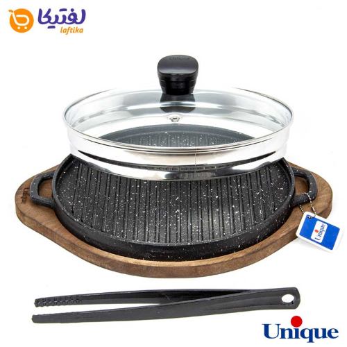 تابه گریل چدنی یونیک درب دار با زیره چوبی UN-6001