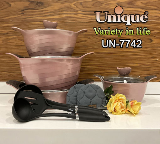 سرویس قابلمه 11 پارچه گرانیتی یونیک مدل رز رنگ رزگلد UN-7742 (توقف تولید)*