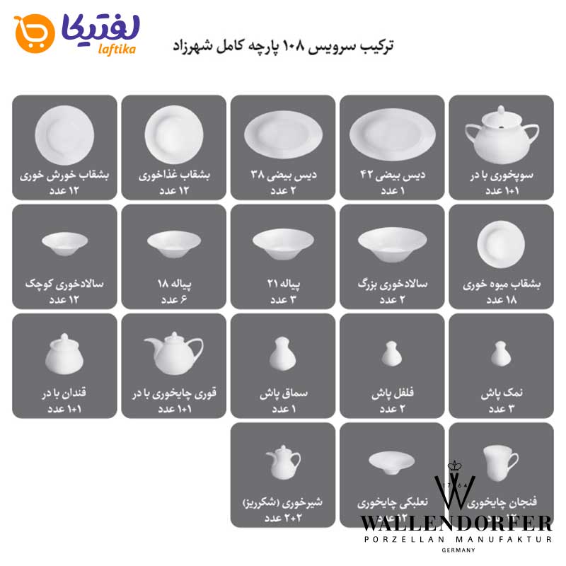 تعداد پارچه های سرویس چینی  شهرزاد طرح سلطانیه طلایی والندورفر