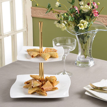 چینی زرین ظرف دو طبقه آسترو سفید با پایه استیل طلایی
