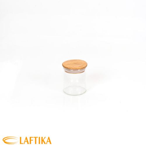 بانکه ادویه شیشه ای با درب چوبی تریتی قطر 6 ارتفاع 6 مدل G 5001
