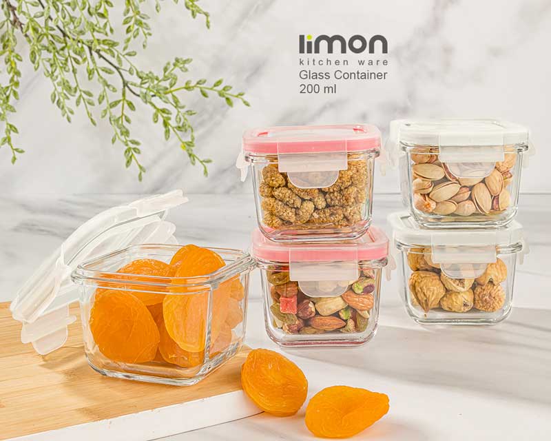 ظرف شیشه ای مربع دربدار 200 میلی لیتری لیمون