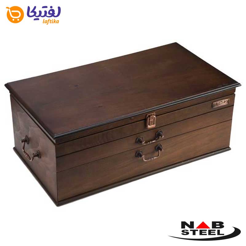 سرویس 116 پارچه ناب استیل مدل پالرمو با جعبه چوبی سفید و قهوه ای (طلایی)