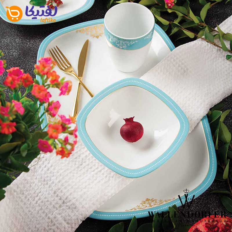 بشقاب سرویس چینی والندورفر Wallendorfer کواترو طرح آرمیتاژ فیروزه ای 12 نفره