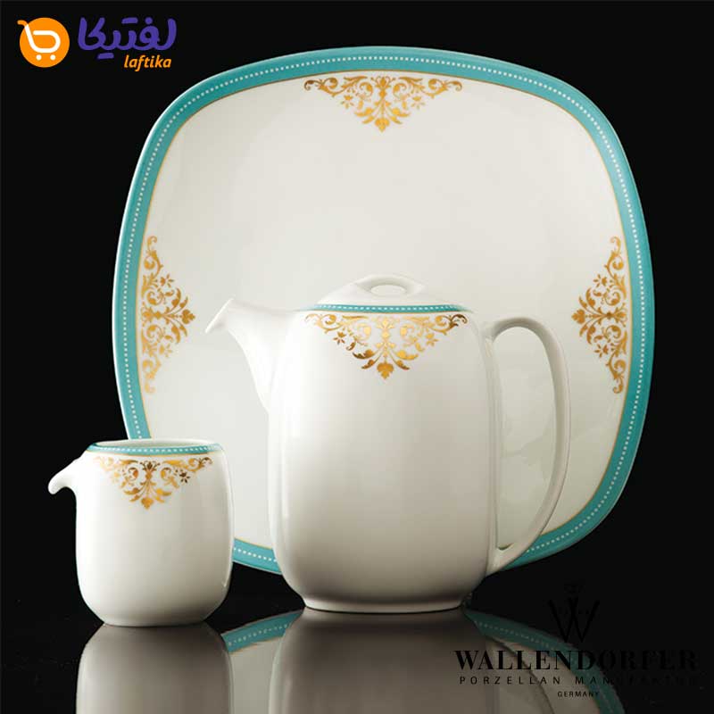 قوری سرویس چینی والندورفر Wallendorfer کواترو طرح آرمیتاژ فیروزه ای 12 نفره