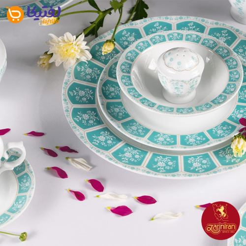سرویس چینی زرین نئوکلاسیک طرح آرتمیس فیروزه ای 12 نفره