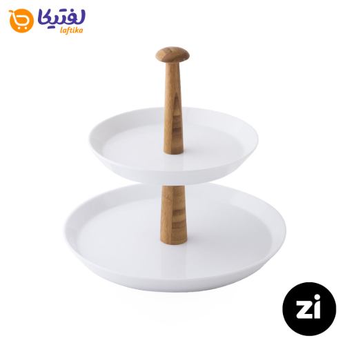 خرید ظرف پذیرایی دو طبقه چینی زرین (Zi) سفید با پایه چوبی