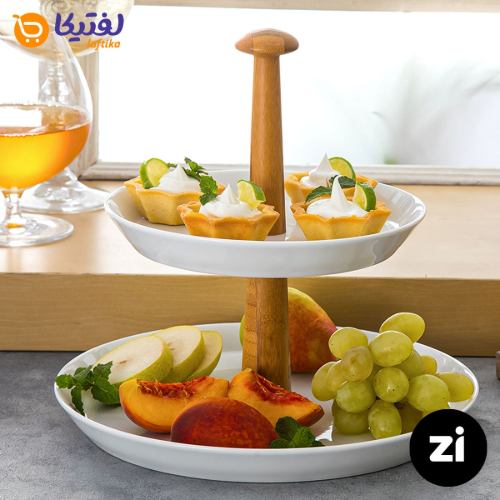 قیمت ظرف پذیرایی دو طبقه چینی زرین (Zi) سفید با پایه چوبی