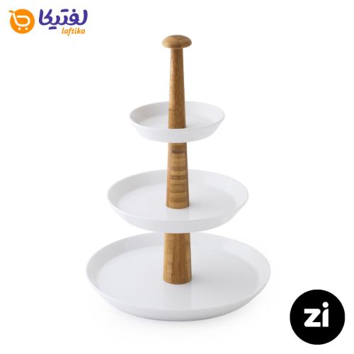 خرید ظرف پذیرایی سه طبقه چینی زرین (Zi) سفید با پایه چوبی
