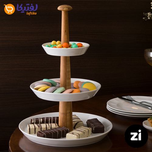 قیمت ظرف پذیرایی سه طبقه چینی زرین (Zi) سفید با پایه چوبی