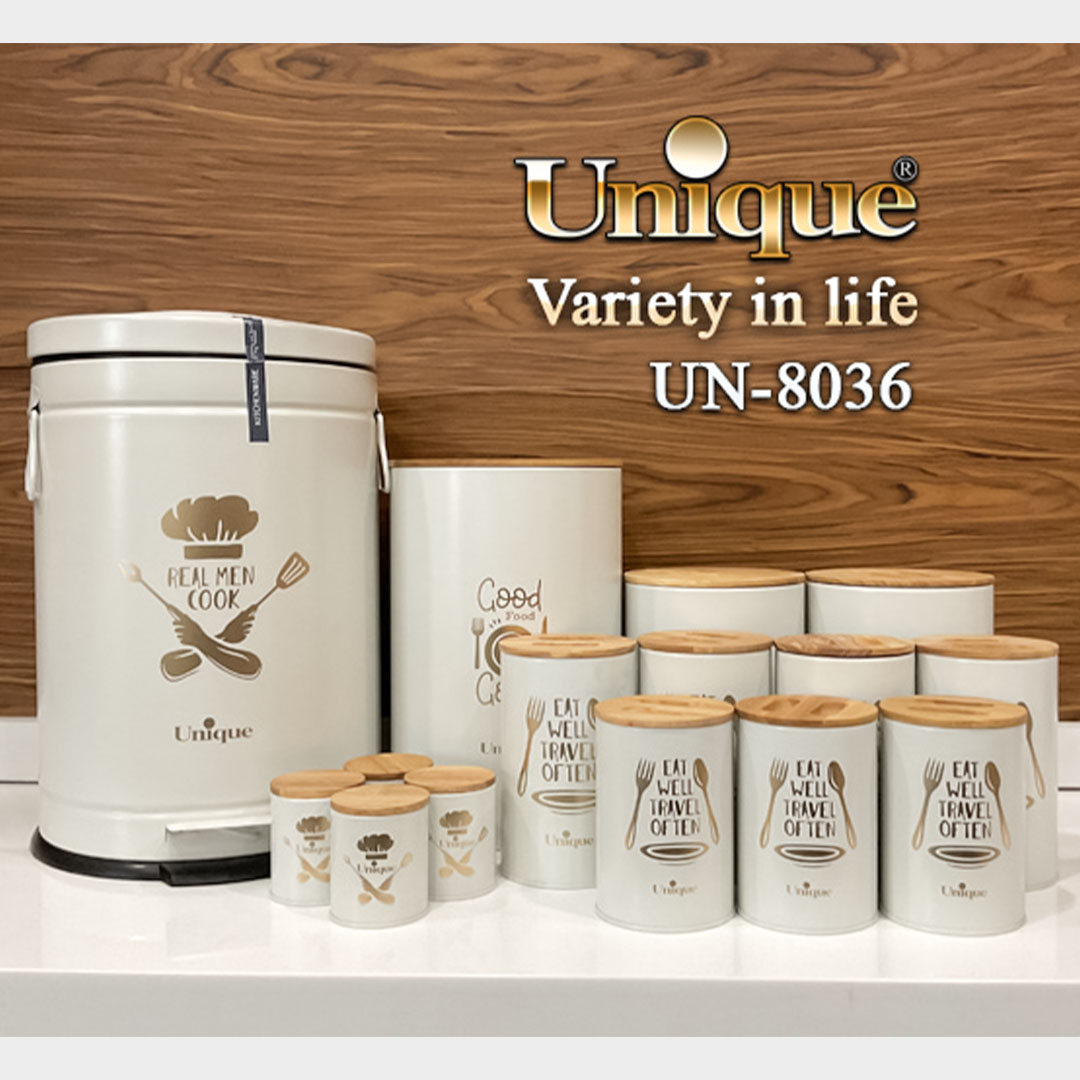 سرویس آشپزخانه یونیک 15 پارچه UN-8036 کرم طلایی با درب بامبو