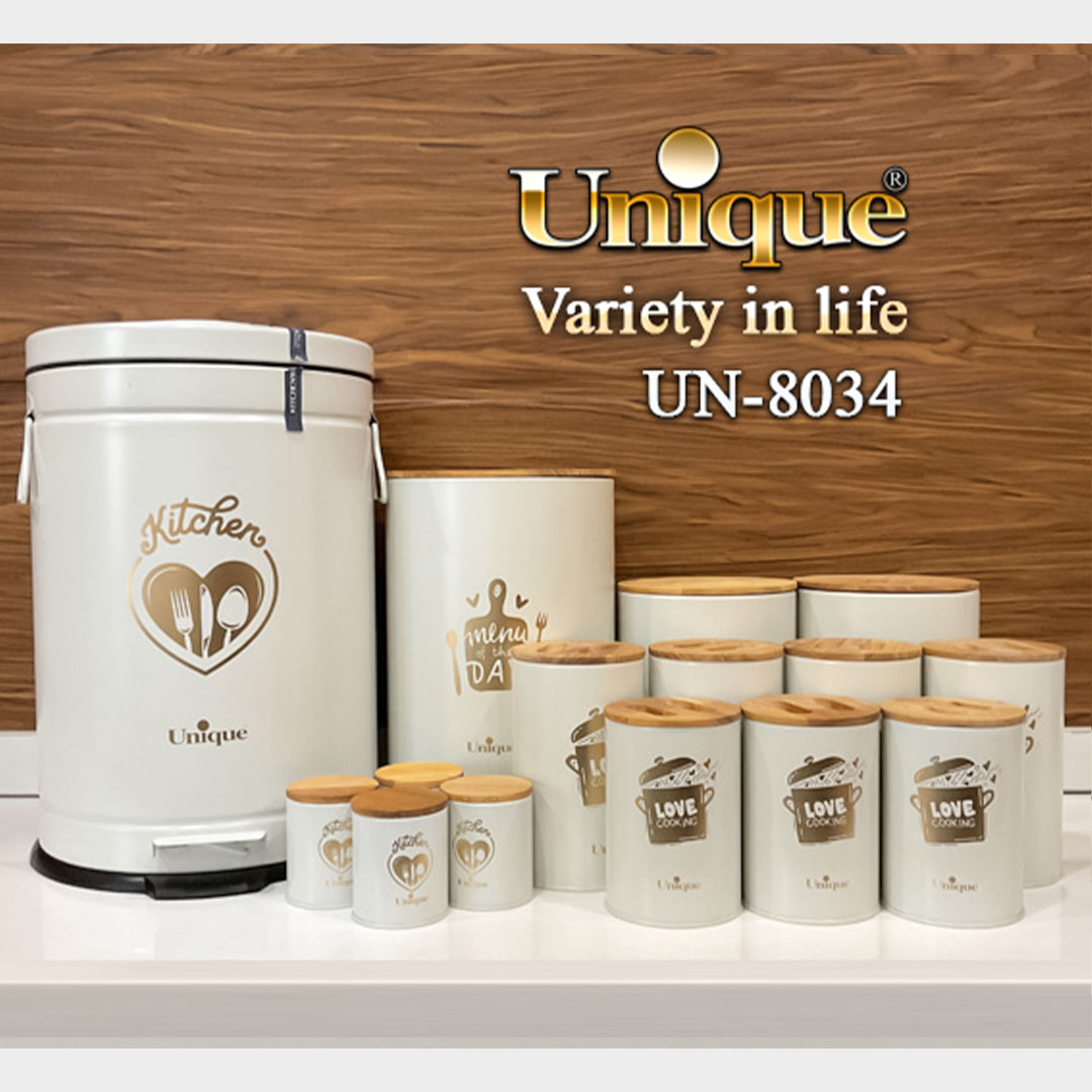 سرویس آشپزخانه یونیک 15 پارچه UN-8034 کرم طلایی با درب بامبو