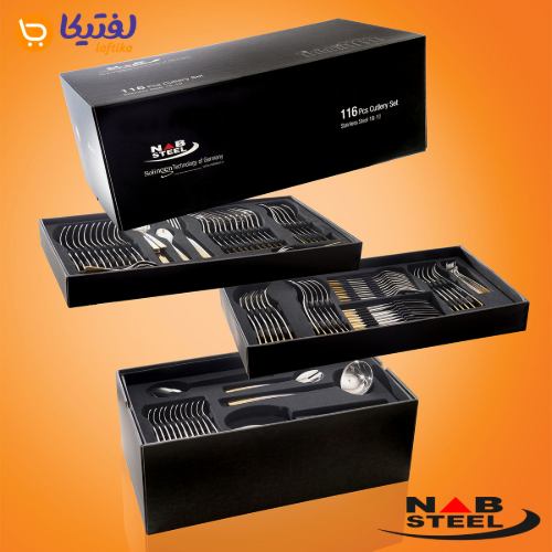 جعبه چوبی سرویس 116 پارچه ناب استیل مدل پالرمو دورطلایی جعبه کادویی