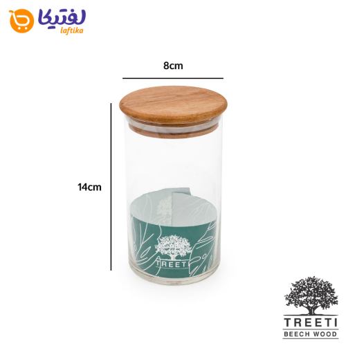 بانکه ادویه شیشه ای با درب چوبی تیریتی قطر 8 ارتفاع 14 مدل G 5008