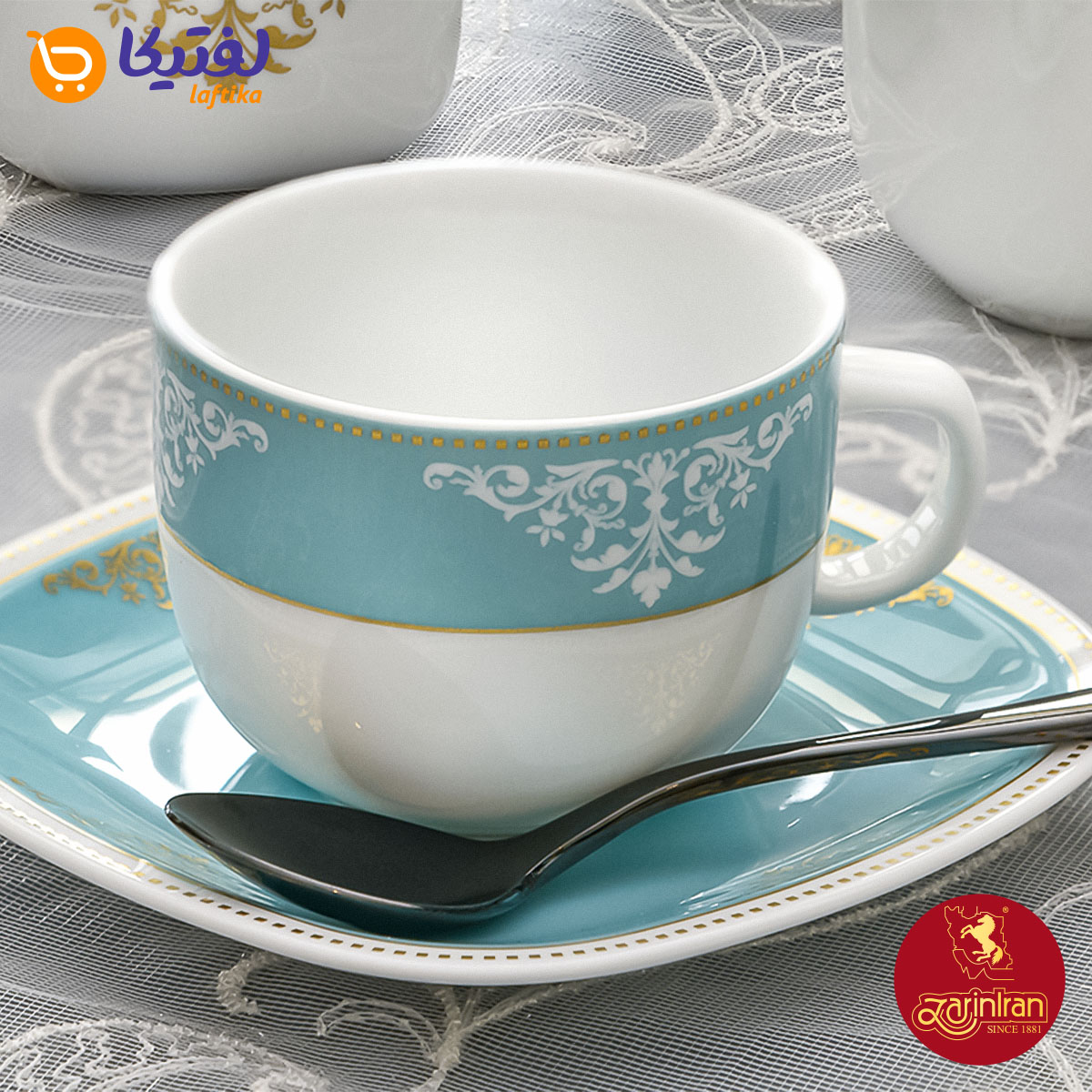خرید چینی زرین سرویس 12 پارچه چای خوری کواترو طرح آرمیتاژ فیروزه ای