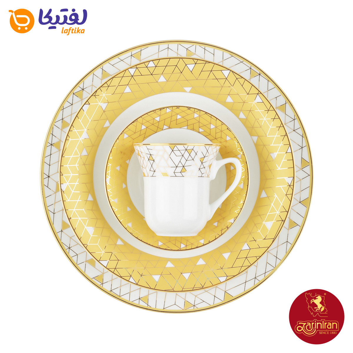 قیمت سرویس چینی زرین شهرزاد طرح ژئومتریکال طلایی12 نفره 108 پارچه