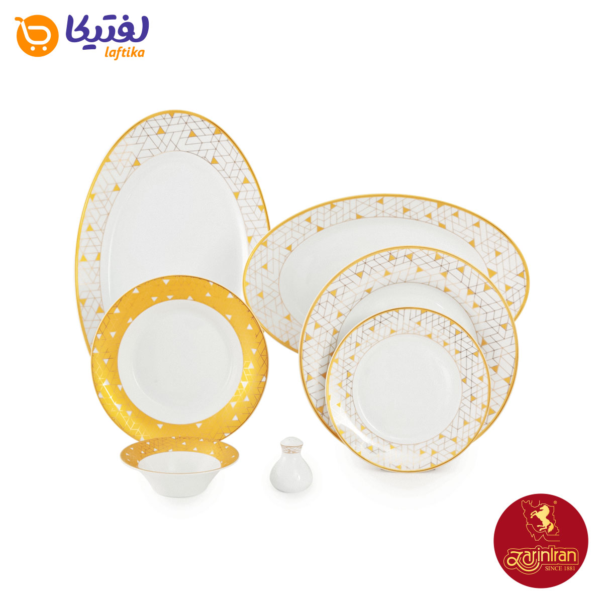خرید سرویس چینی زرین شهرزاد طرح ژئومتریکال طلایی12 نفره 108 پارچه