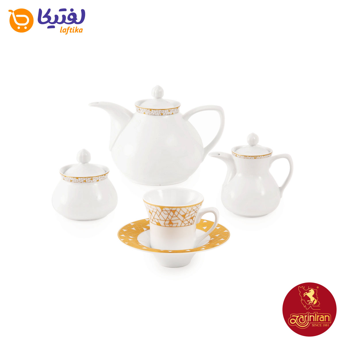 چای خوری سرویس چینی زرین شهرزاد طرح ژئومتریکال طلایی12 نفره 108 پارچه
