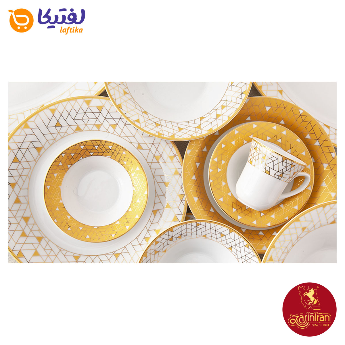 جزییات سرویس چینی زرین شهرزاد طرح ژئومتریکال طلایی12 نفره 108 پارچه