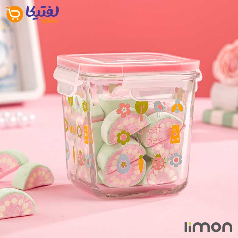 ظرف شیشه ای مربع دربدار لیمون 860 میلی لیتری چاپی 2110