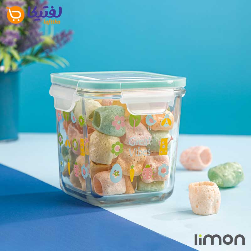 ظرف شیشه ای مربع دربدار لیمون 860 میلی لیتری چاپی 2110