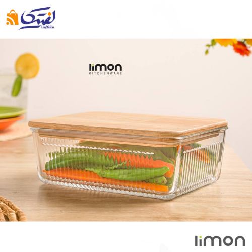 ظرف شیشه ای شیاردار 1.1 لیتر درب چوبی لیمون 2191