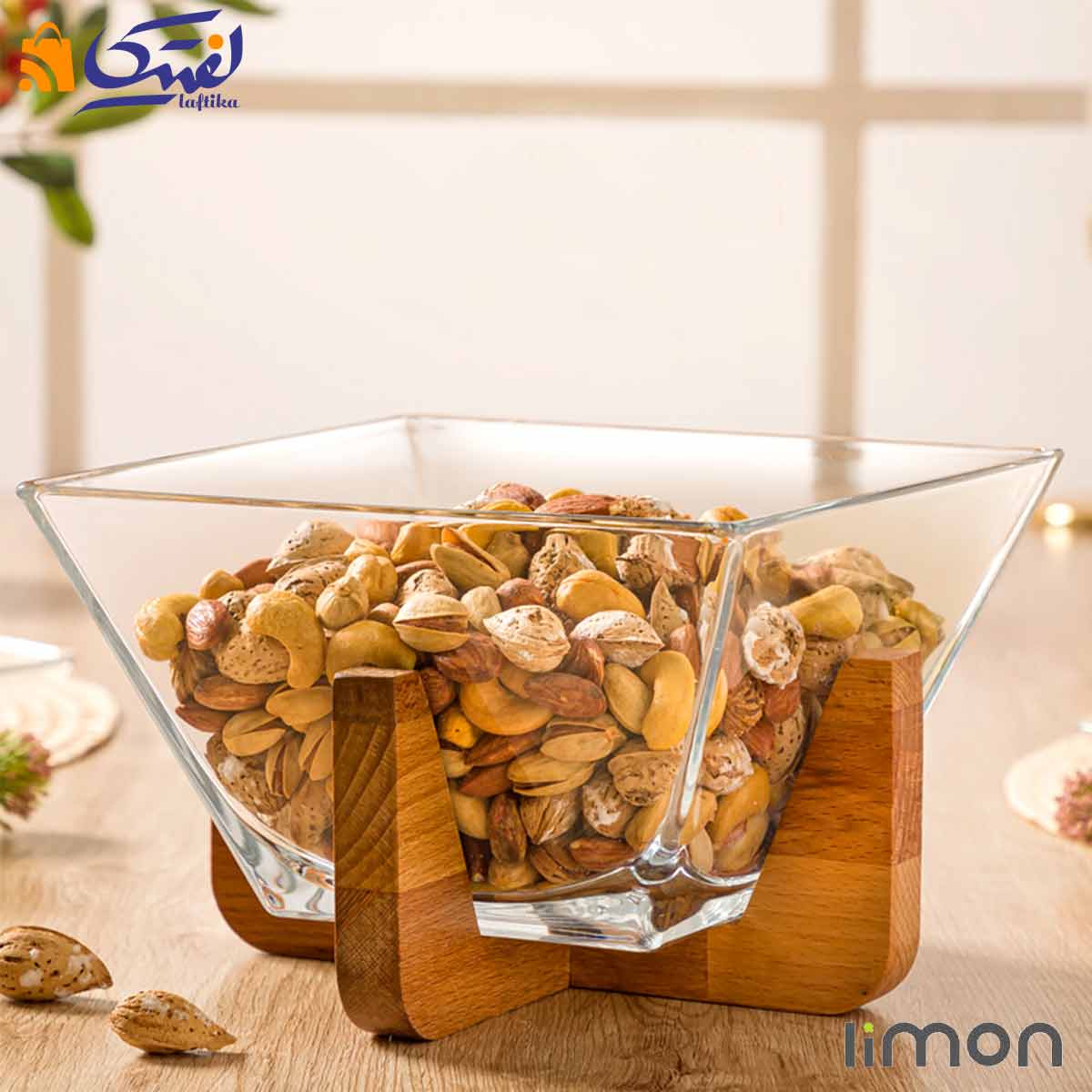 کاسه شیشه ای پذیرایی پایه چوبی لیمون 2172
