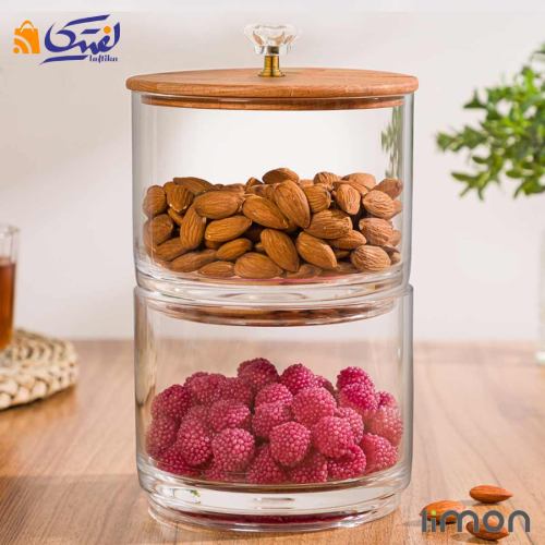 ظرف شیشه ای لیمون 2 طبقه درب چوبی مناسب پذیرایی
