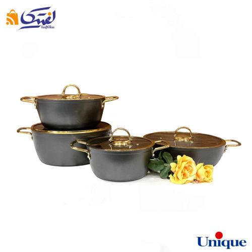 خرید سرویس قابلمه یونیک طوسی 8 پارچه درب فلت طلایی UN-8309