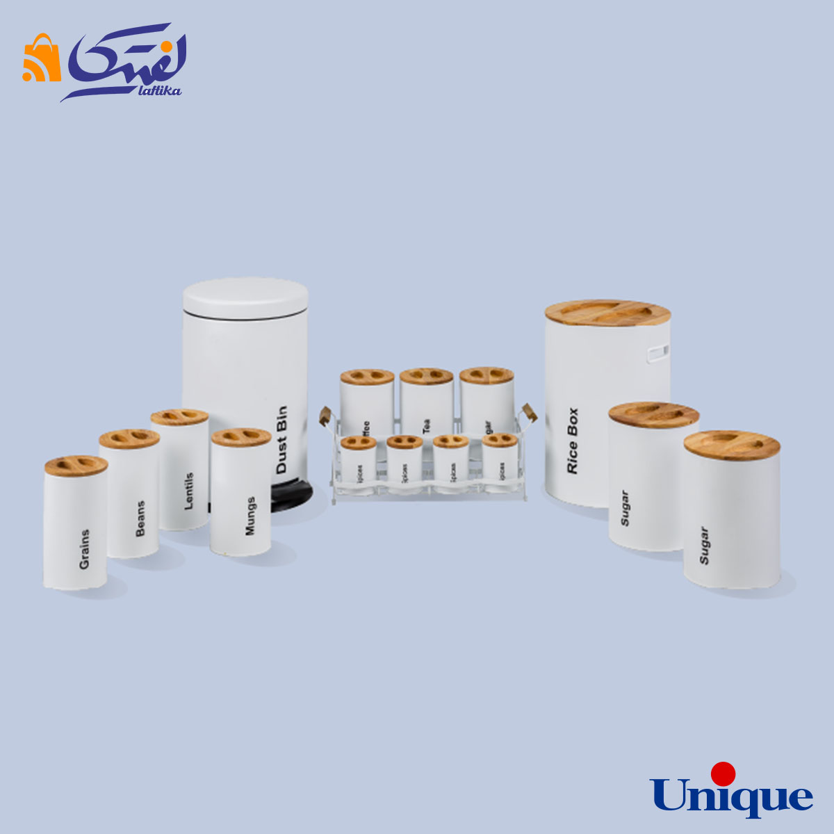 سرویس آشپزخانه یونیک 16 پارچه سفید سنباده ای درب چوبی UN-8003