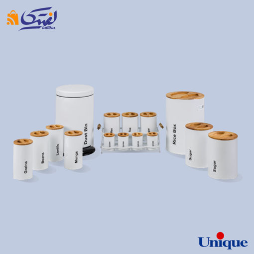 سرویس آشپزخانه یونیک 16 پارچه سفید سنباده ای درب چوبی UN-8003
