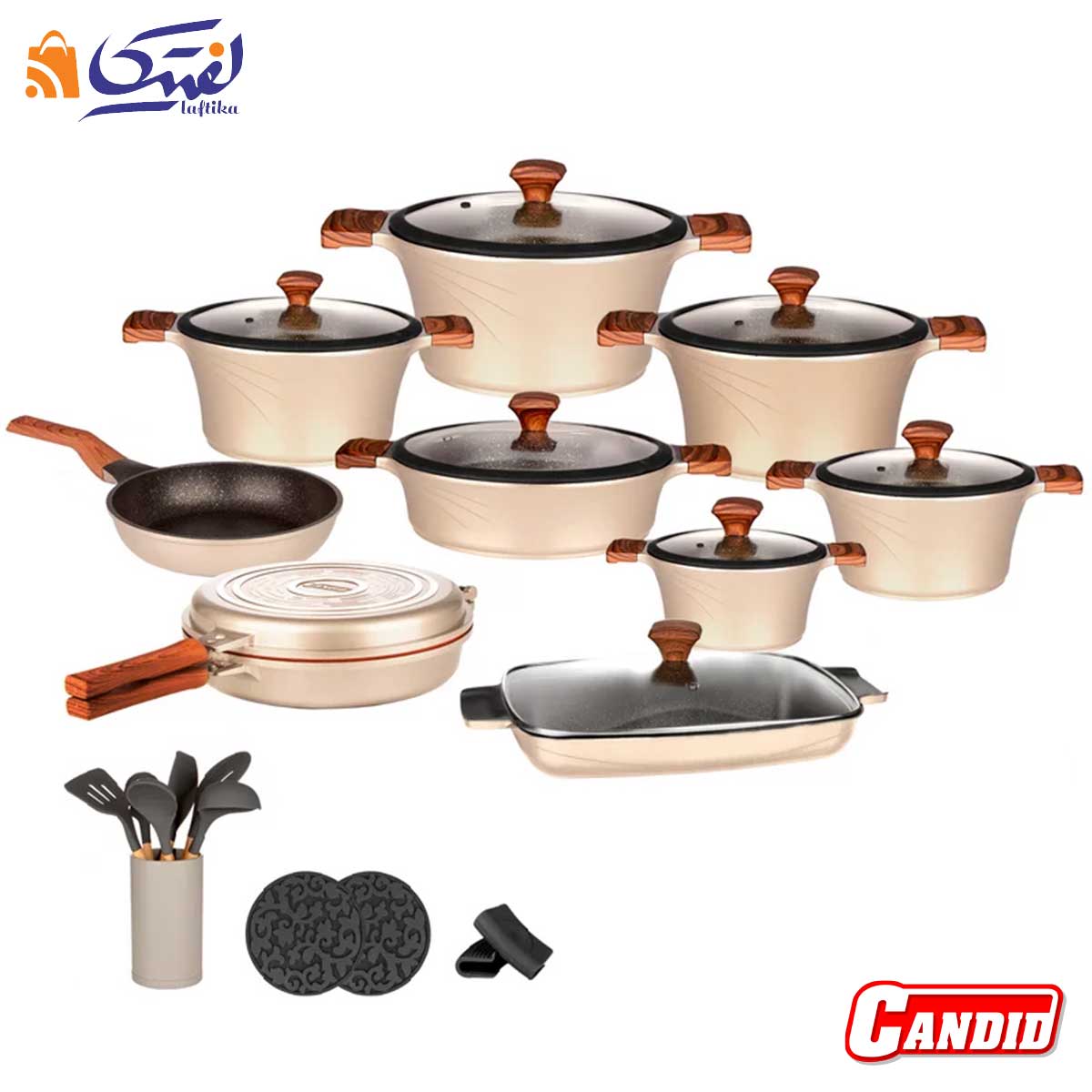 سرویس قابلمه تیتانیوم کاندید 28 پارچه مدل سزار رنگ بژ