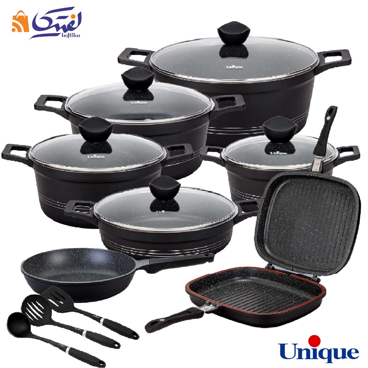 قیمت و خرید سرویس قابلمه گرانیتی یونیک 16 پارچه کلاسیک مشکی مات UN-7820