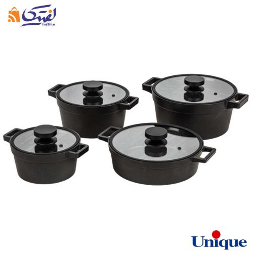سرویس قابلمه 8 پارچه گرانیتی یونیک مدل دیاموند مشکی UN-8502 درب سیلیکونی