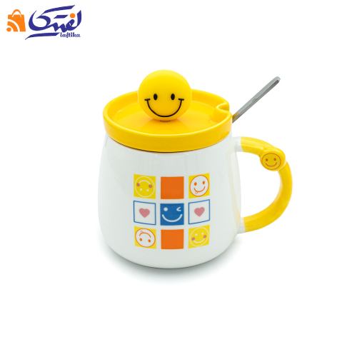 ماگ ایموجی سرامیکی درب دار همراه با قاشق