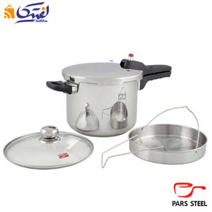 ديگ زودپز استیل کف سه لایه پارس ۶ ليتری با در پيركس و سبد بخارپز
