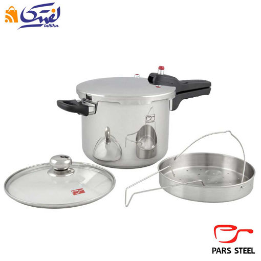 زودپز پارس استیل کف سه لایه با درب پیرکس و سبد بخارپز ۶ لیتری