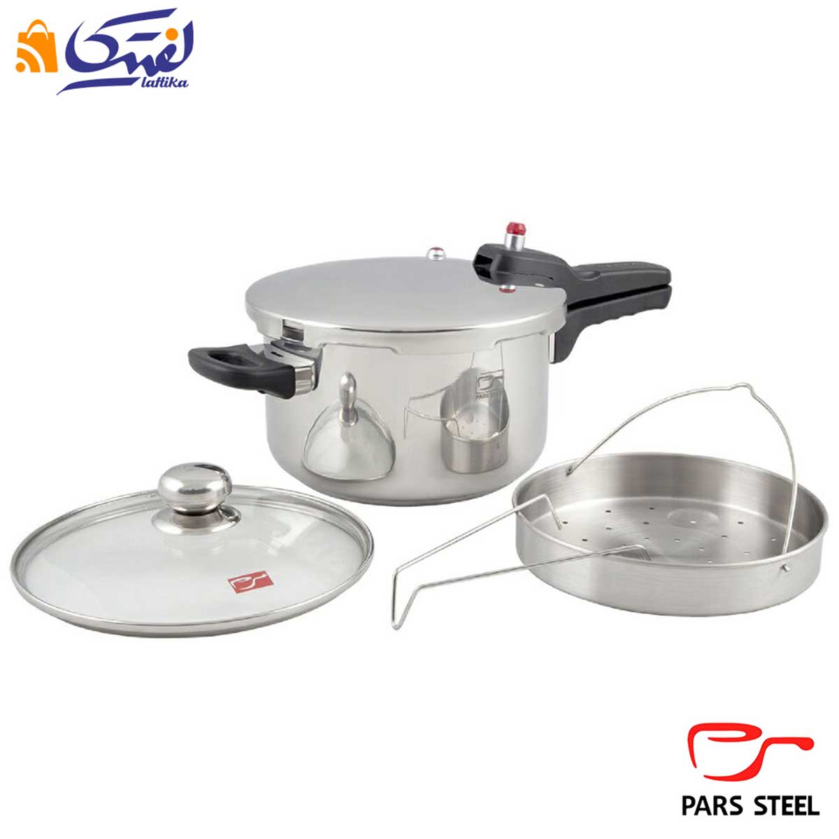  زودپز تک دسته پارس استیل کف سه لایه ۴/۵ ليتری با در پیرکس و سبد بخار پز