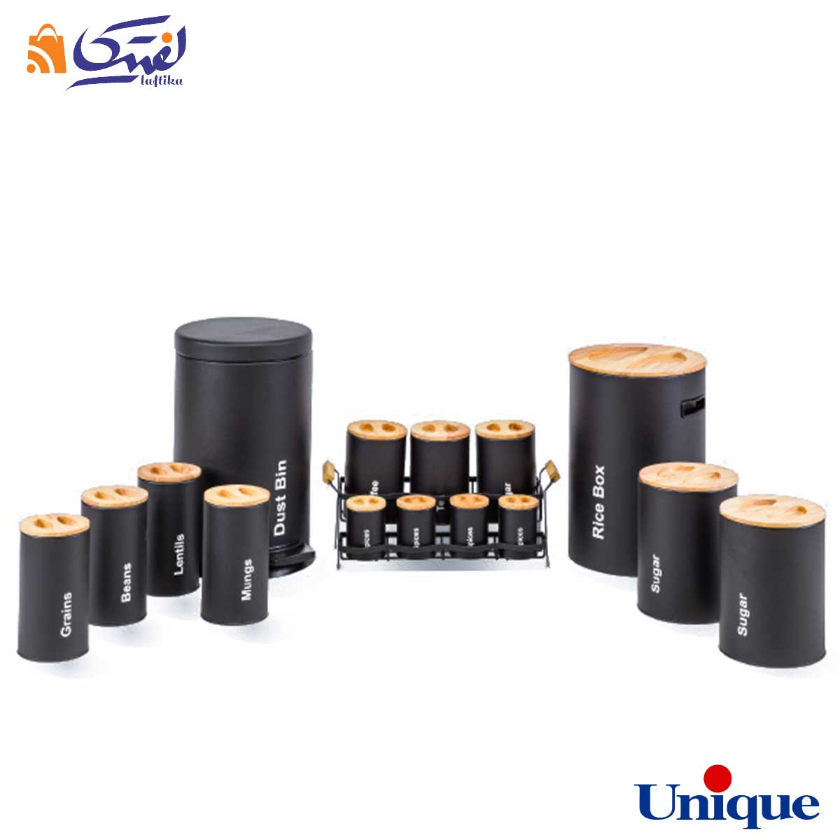 سرویس آشپزخانه یونیک 16 پارچه UN-8044 مشکی با درب بامبو