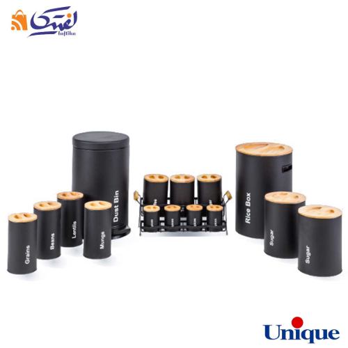 سرویس آشپزخانه یونیک 16 پارچه UN-8044 مشکی با درب بامبو